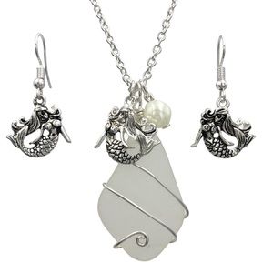 Mermaid Charm Faux Sea Glass Necklace Earrings Set